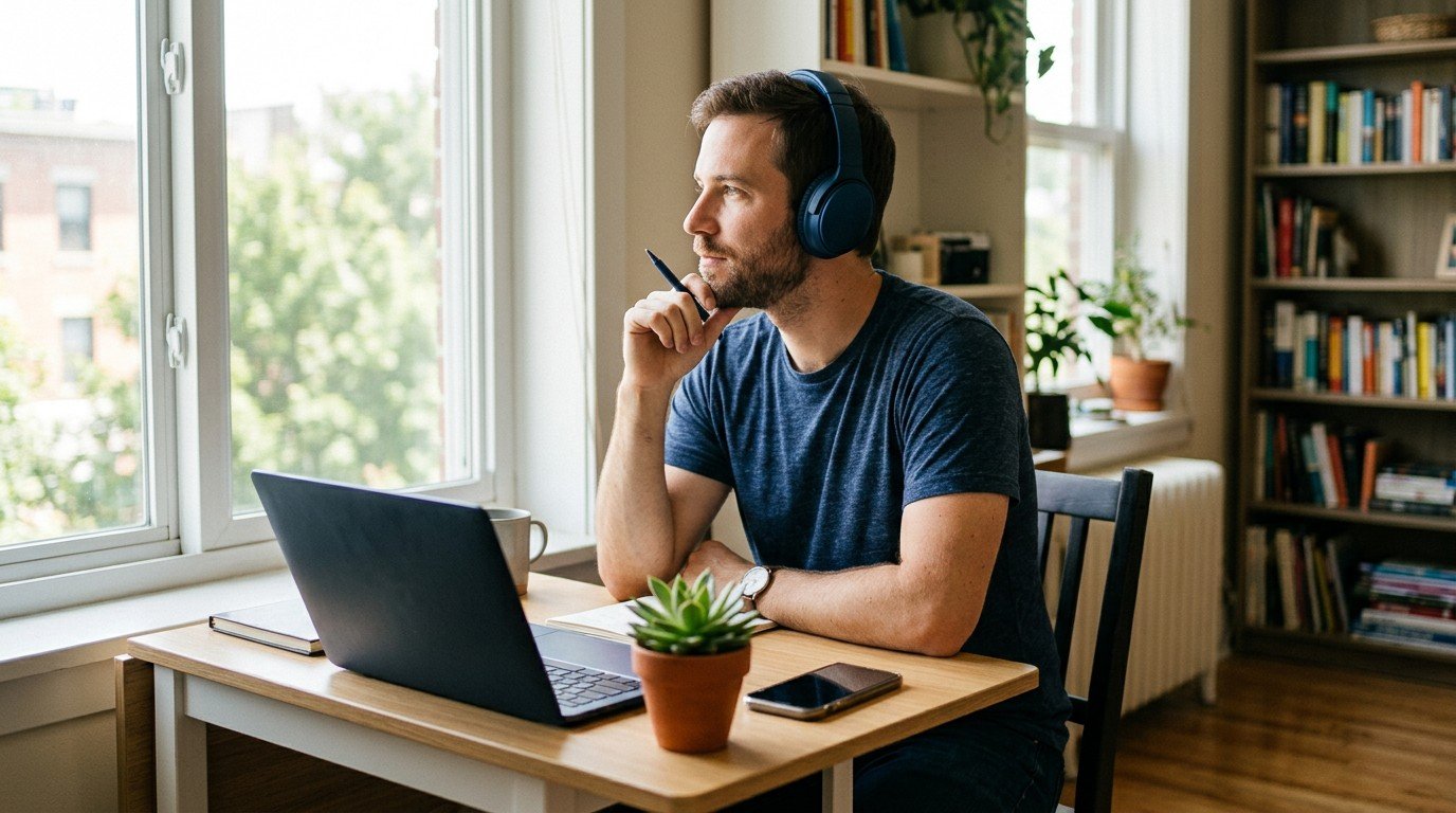 A man with headphones planning his application strategy for ai researcher jobs.