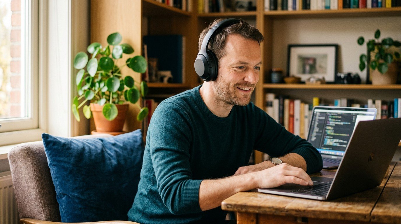 A man with headphones looks at his laptop while researching snorkel ai careers pathways.