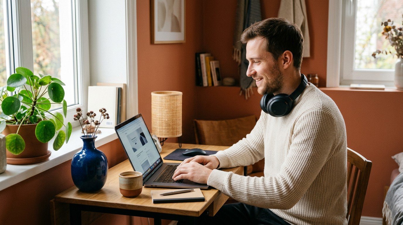 A man works on his laptop in a bright home office, exploring cohere ai careers.