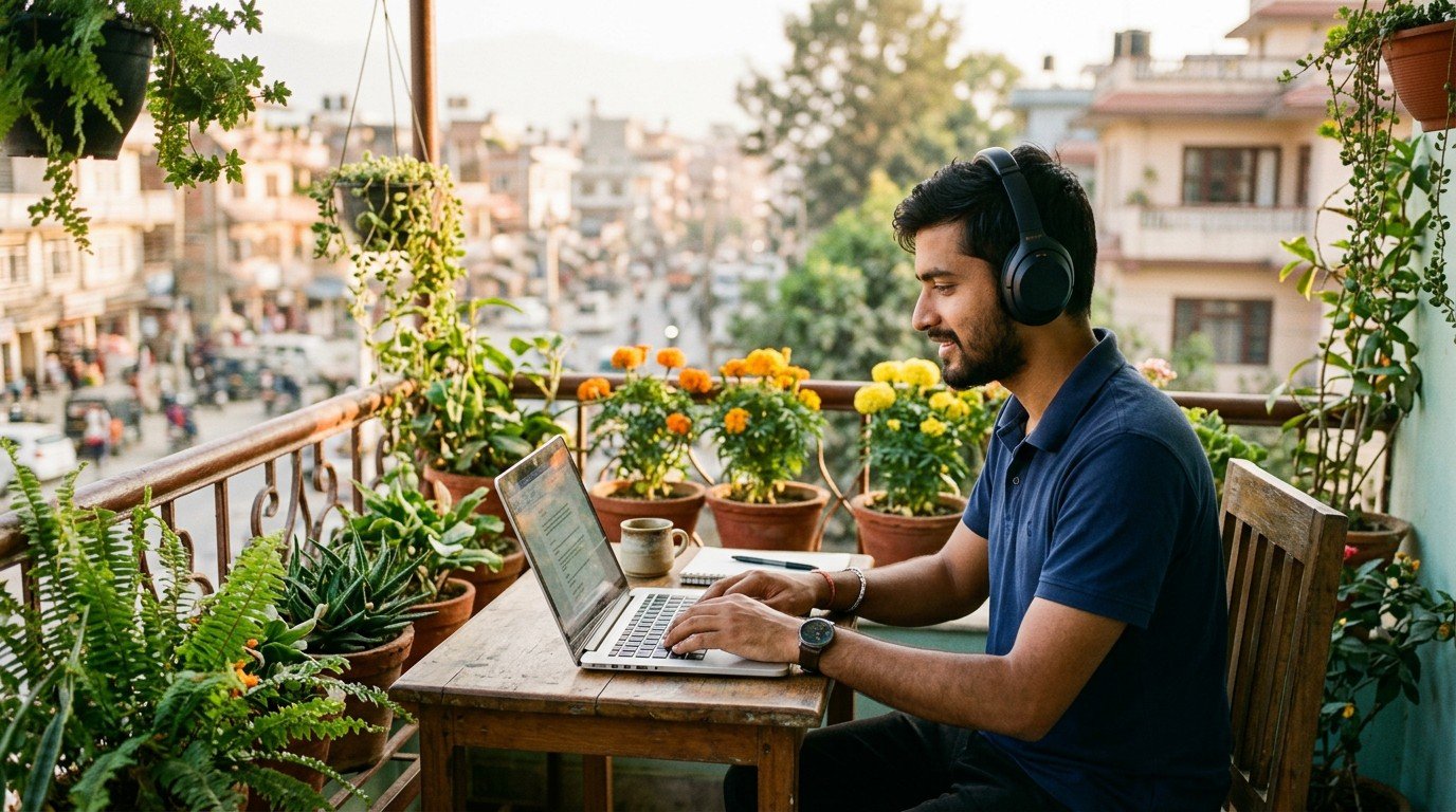 A young man works on his balcony in India, looking up ai engineering jobs on his computer.