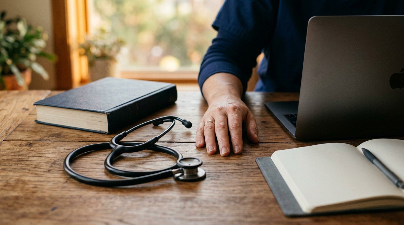 Stethoscope coiled beside a laptop and an open notebook on a desk used for ai nursing jobs