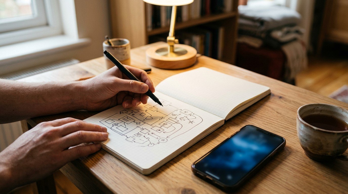 A close up of a desk with notes and a phone, planning entry routes into ai strategy jobs.