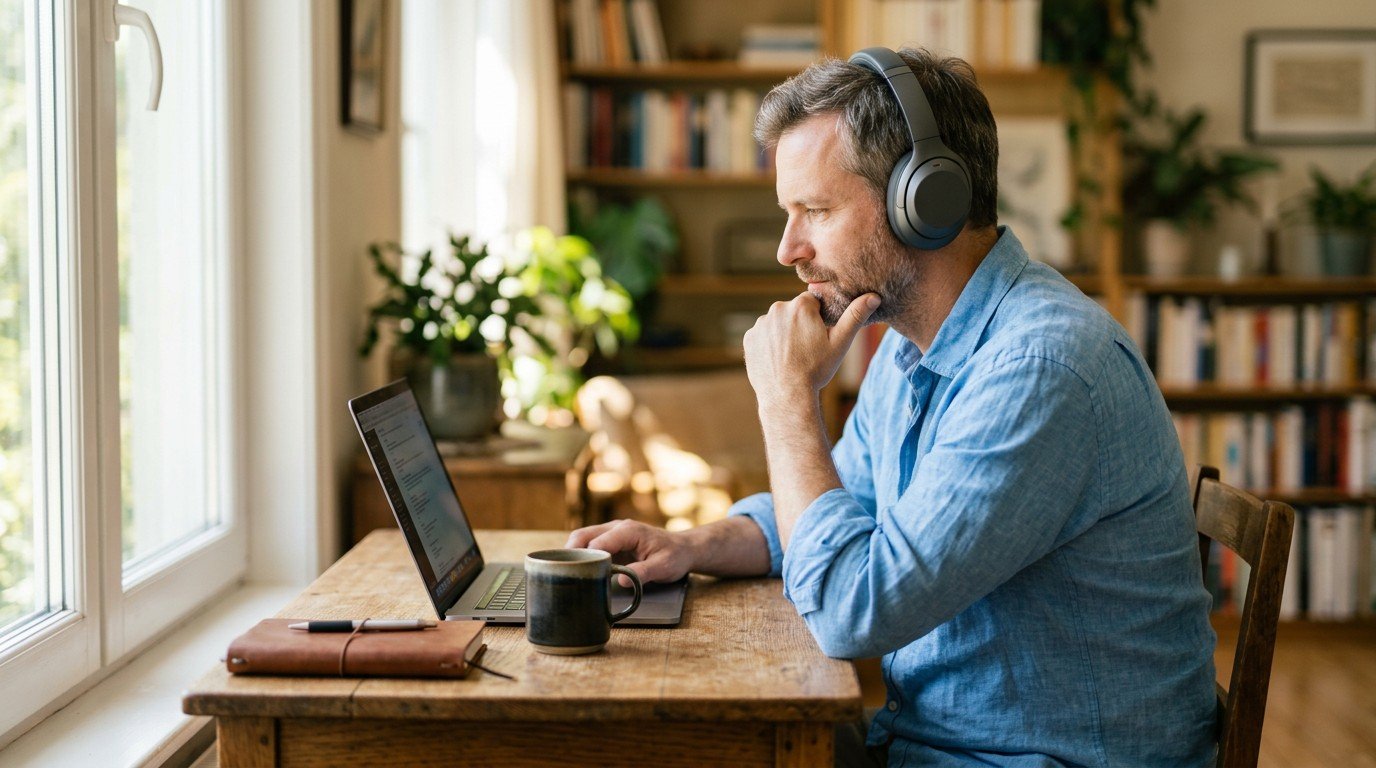 A man with headphones works from his home office desk, evaluating remote ai consultant jobs.