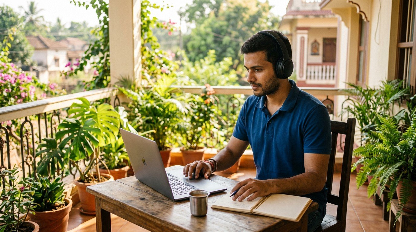 Man with headphones working on a laptop on a veranda in India, checking ai nursing jobs