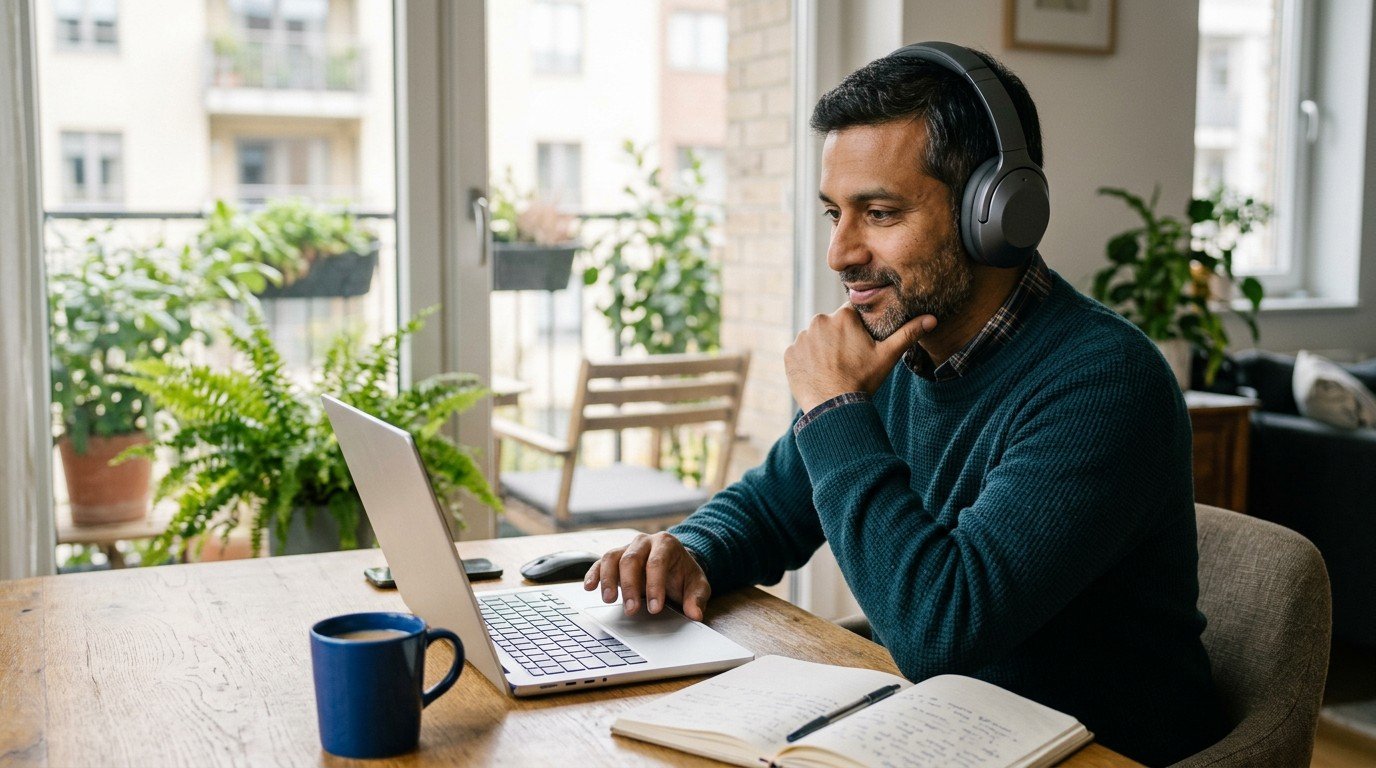 A man with headphones at a home desk, reading about ai strategy jobs on a laptop.