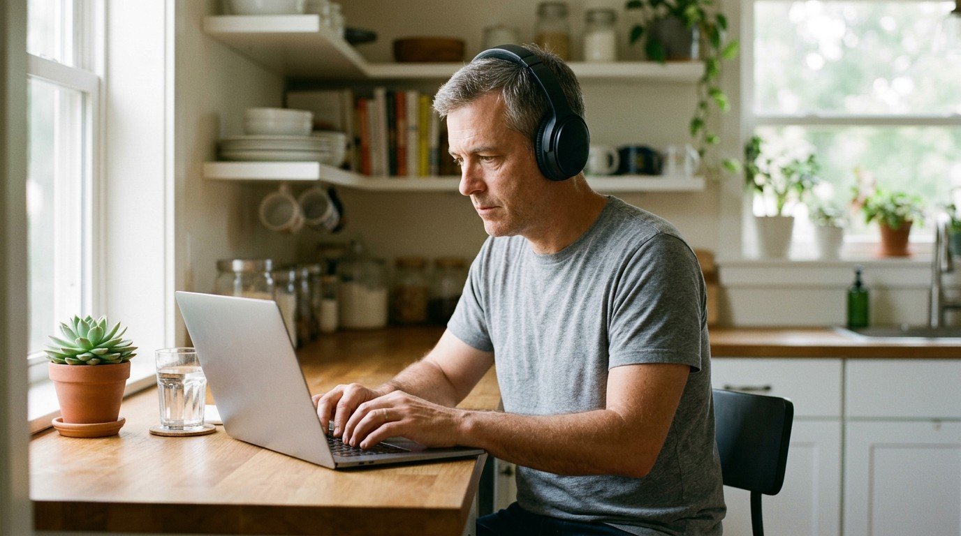 A remote worker wearing headphones searching for otter ai careers opportunities from his kitchen.