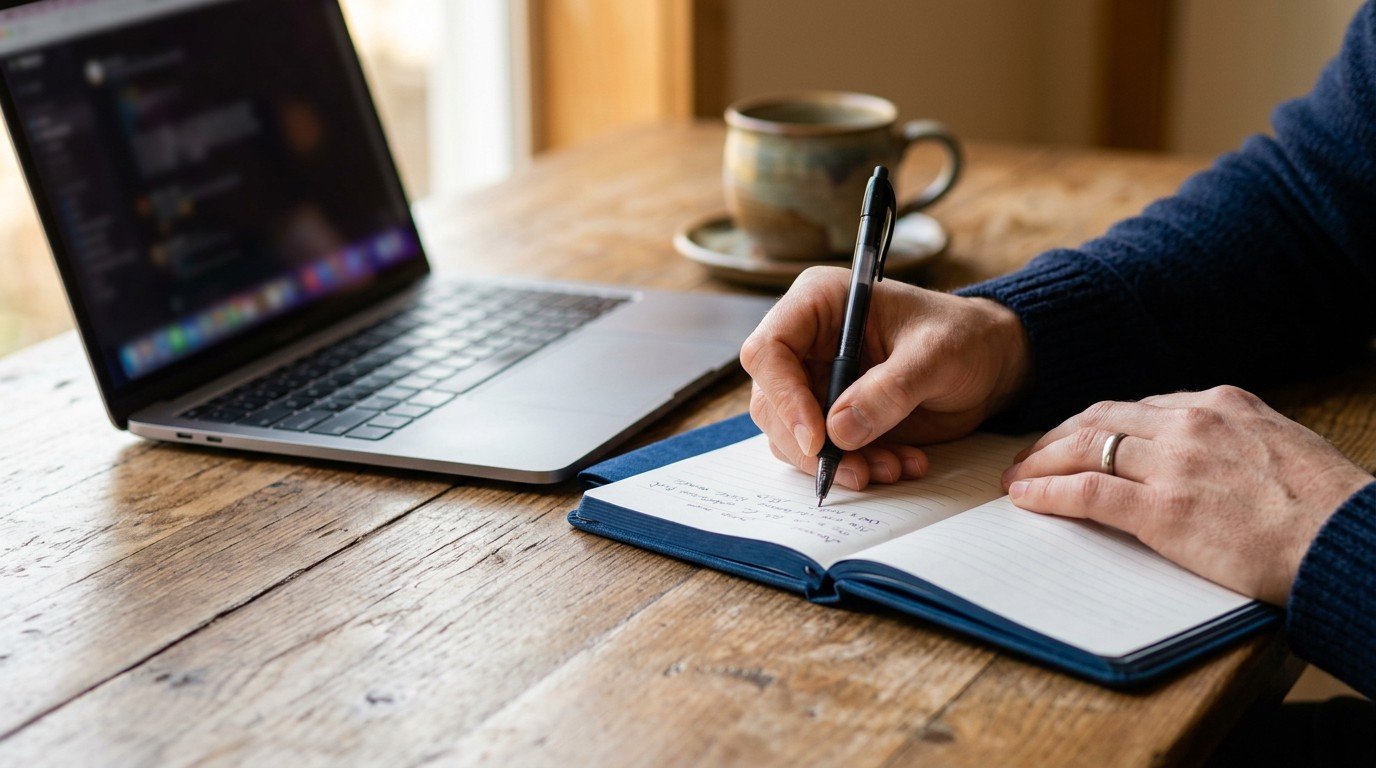 A close up of hands taking notes on requirements for ai product manager jobs on a wooden table.