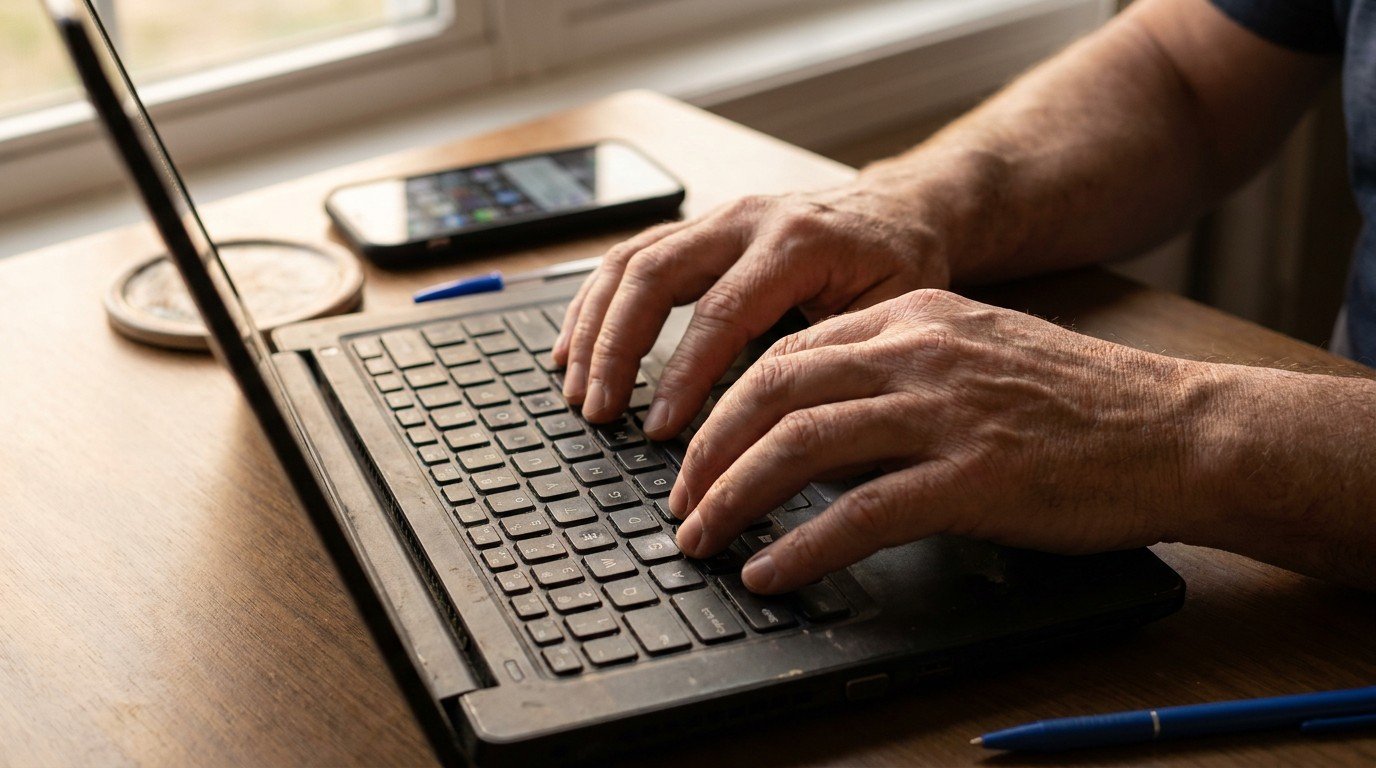 Hands typing on a laptop while researching flexible part time ai jobs.