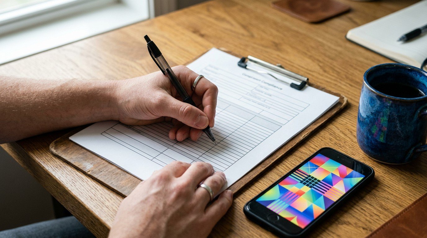 A close-up of hands reviewing policy checklists for remote AI governance jobs on a wooden desk.