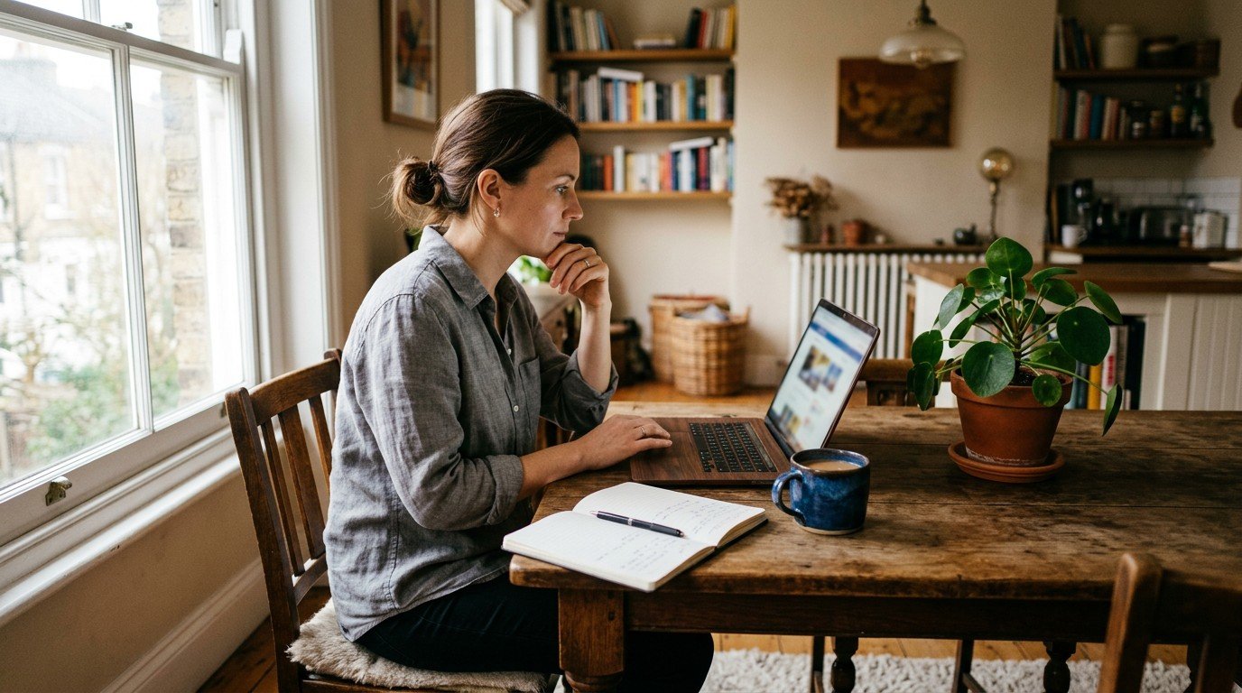 A woman working on her laptop at home while searching for ai product manager jobs online.