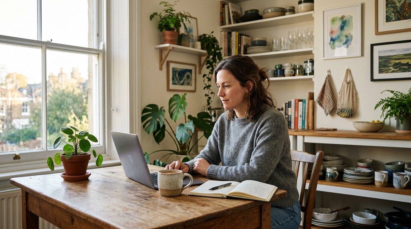 A woman searches for google deepmind jobs on her laptop at a sunny kitchen table.