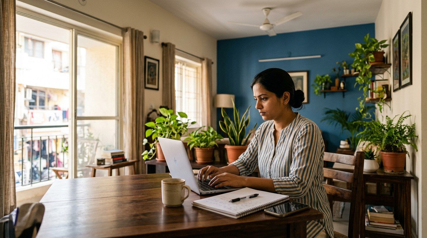 A woman at a dining table in her apartment reads ai consultant jobs listings on a laptop.
