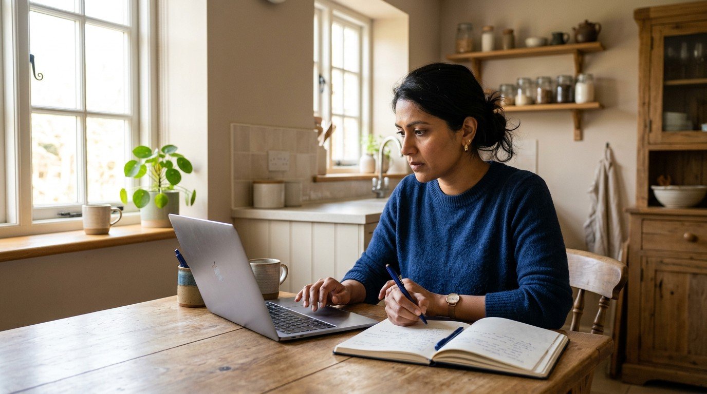 A woman at a kitchen table reads shield ai jobs on a laptop beside a paper notebook.