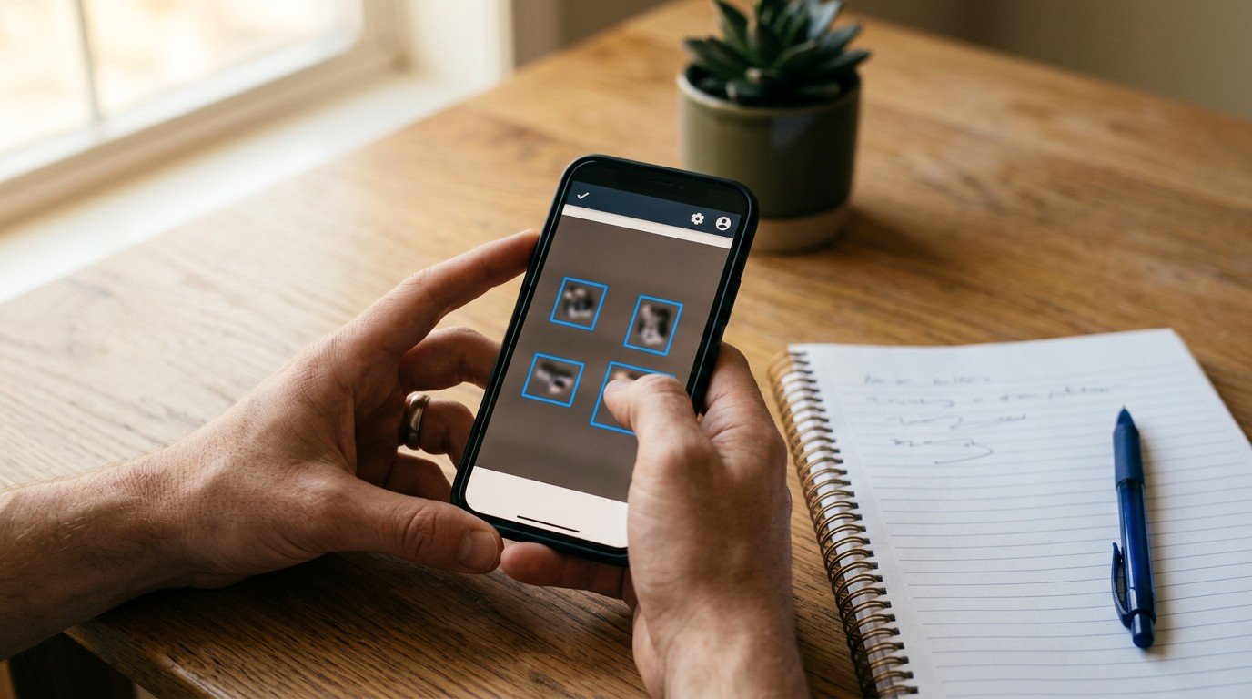Hands holding a smartphone displaying a data labeling task related to meta ai jobs.