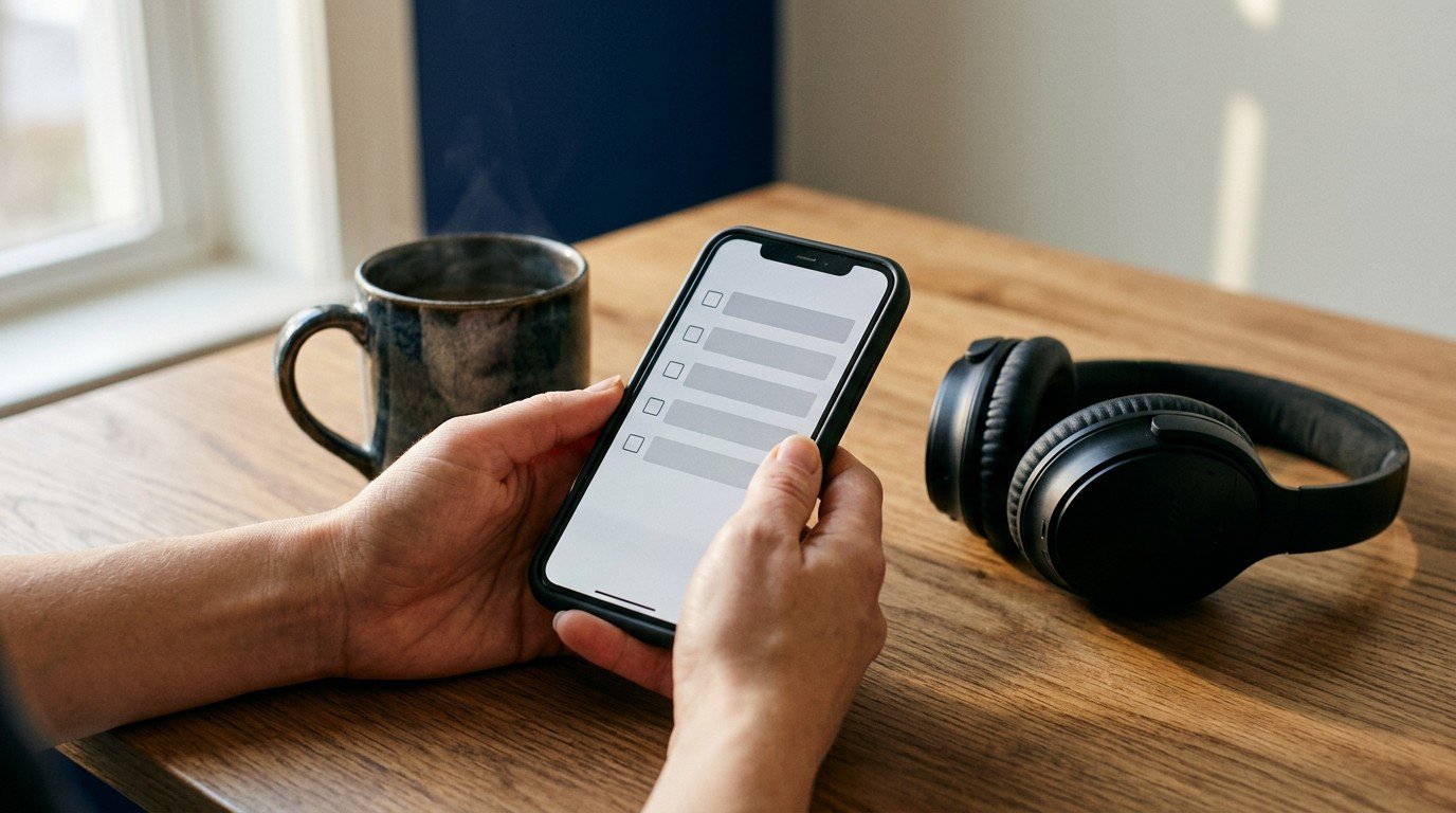 A close up of a smartphone displaying remote tasks for amazon ai jobs next to headphones.