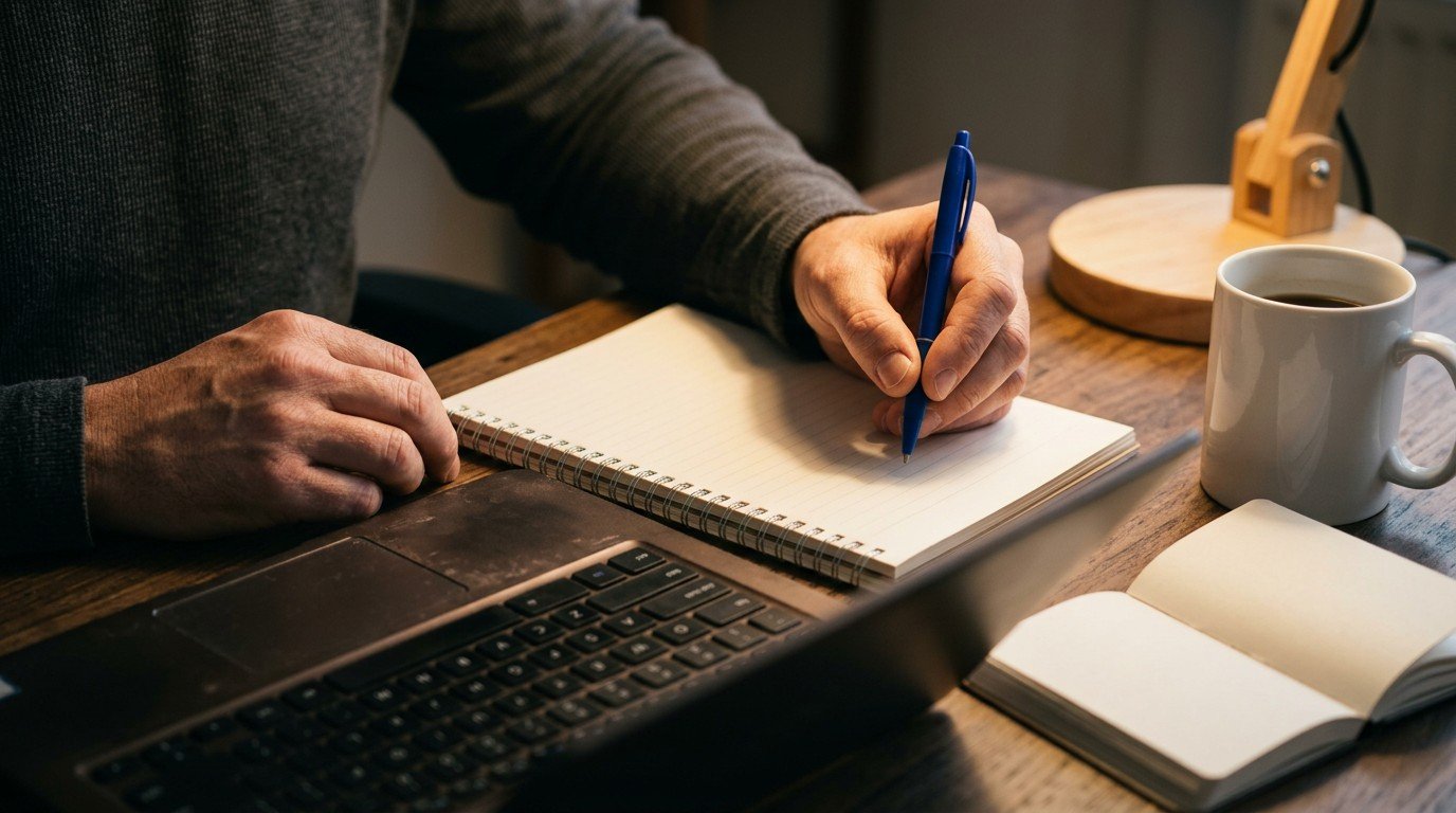 Hands with a pen over a blank notebook while preparing for the online data analyst telus exam