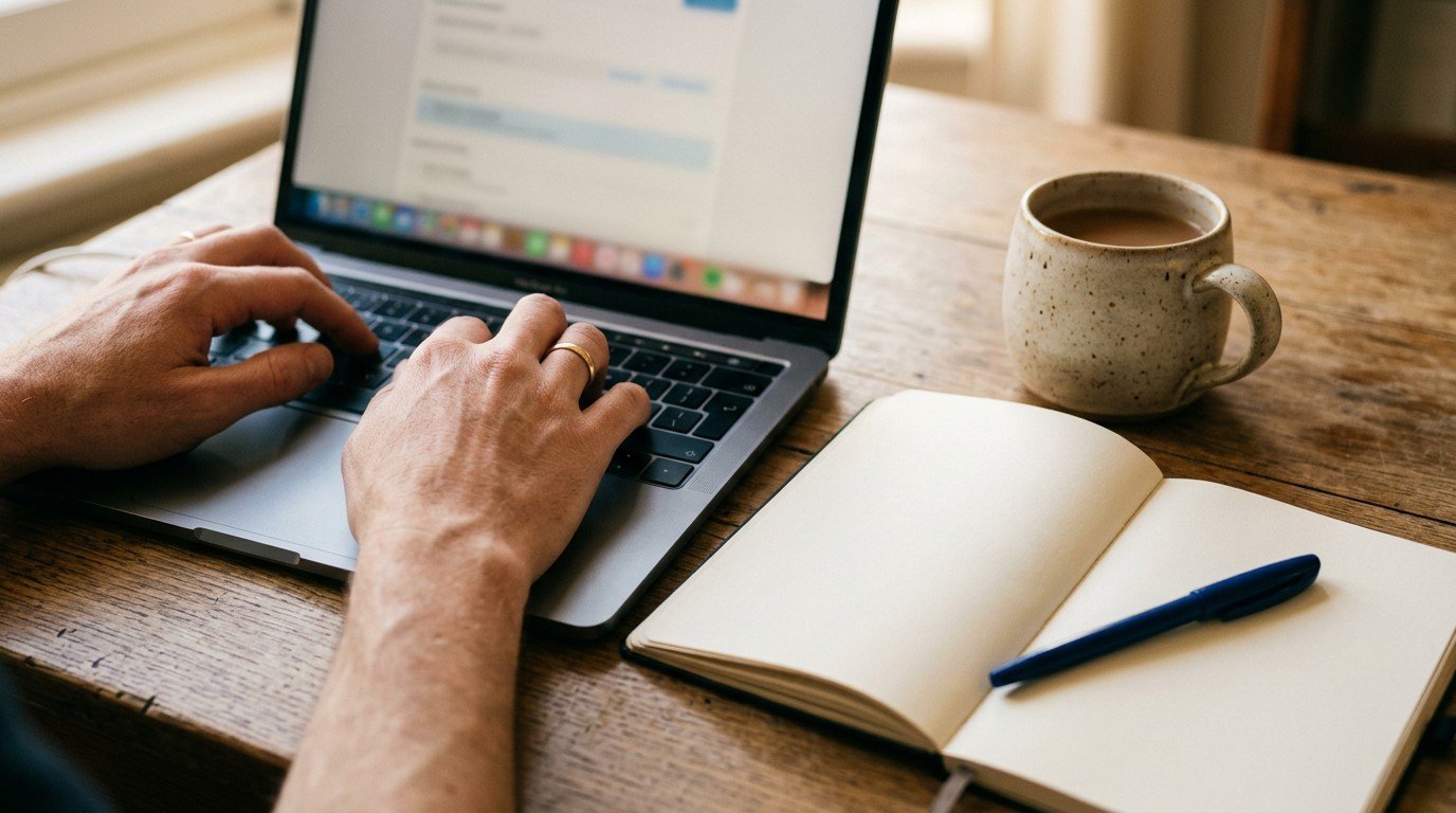 Hands typing on a laptop near a notebook, representing entry level microsoft ai careers path options.