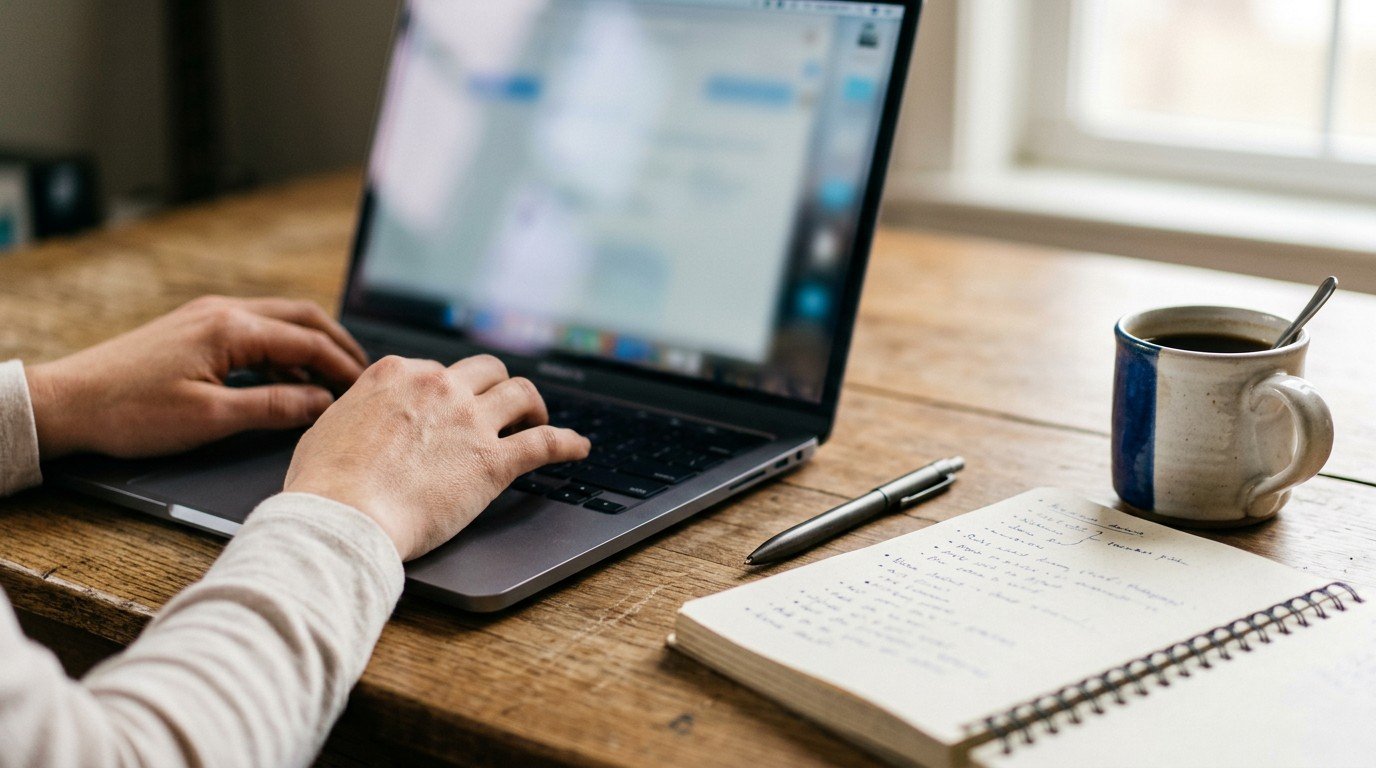 Close up of hands typing next to notes detailing requirements for an ai solutions architect position.