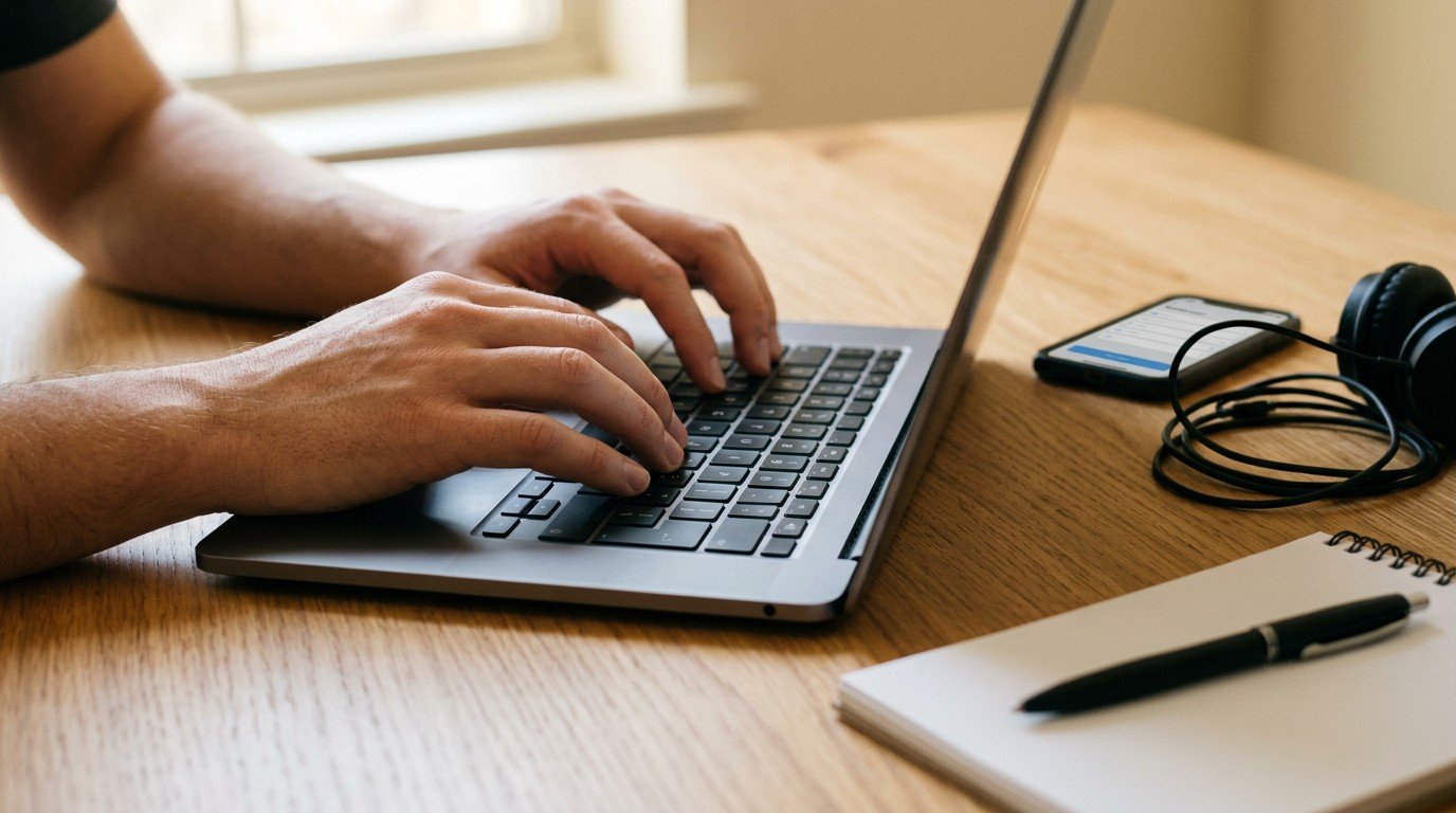 A close up of hands typing on a laptop while investigating surge ai careers options.