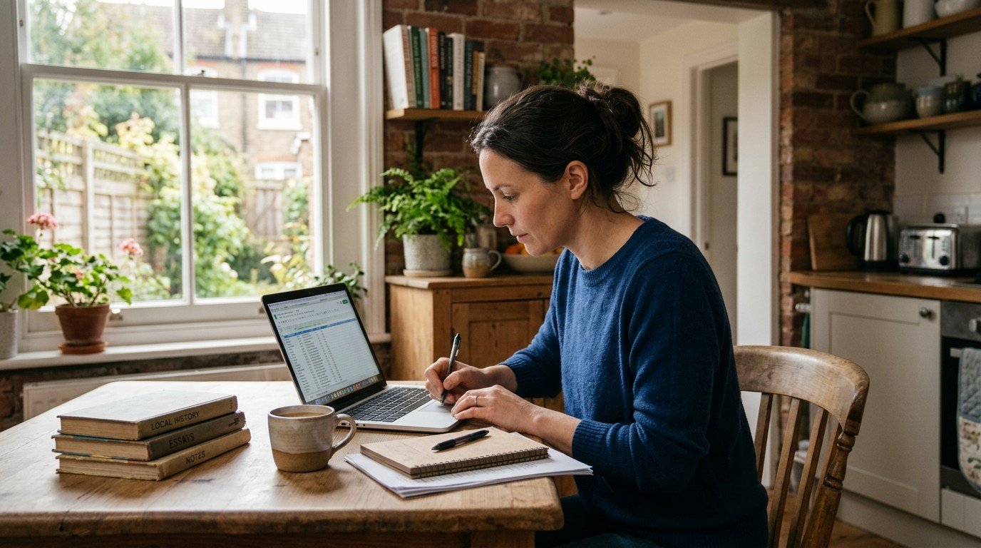 An ordinary woman working at her kitchen table, researching ai researcher jobs on her laptop.
