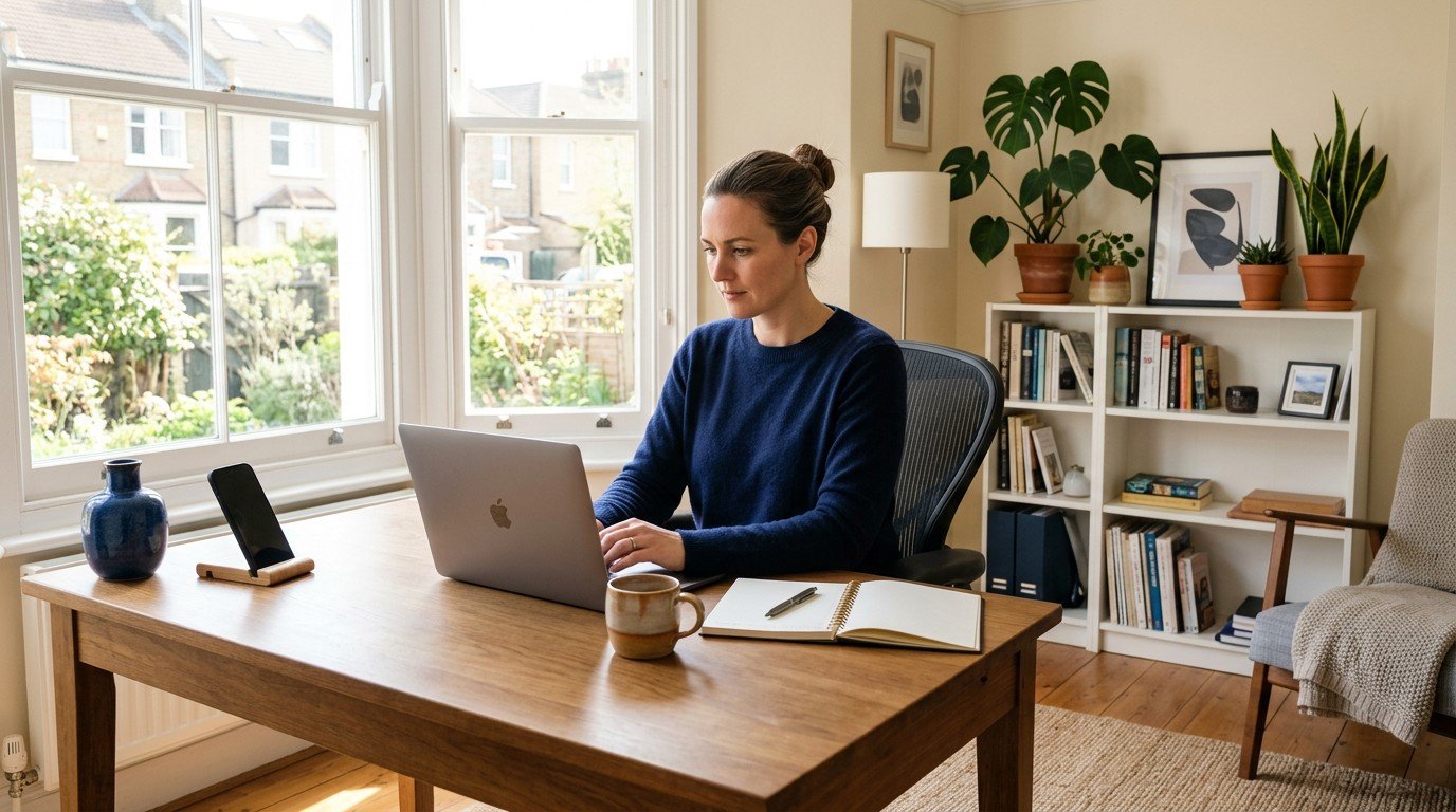 An adult working from home researching remote microsoft ai careers on a laptop at a wooden desk.