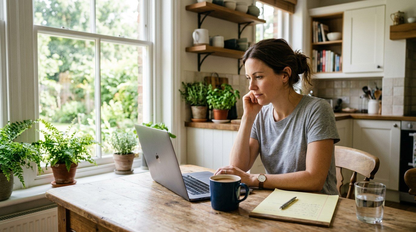A woman researches huggingface careers on her laptop at a sunny kitchen table.
