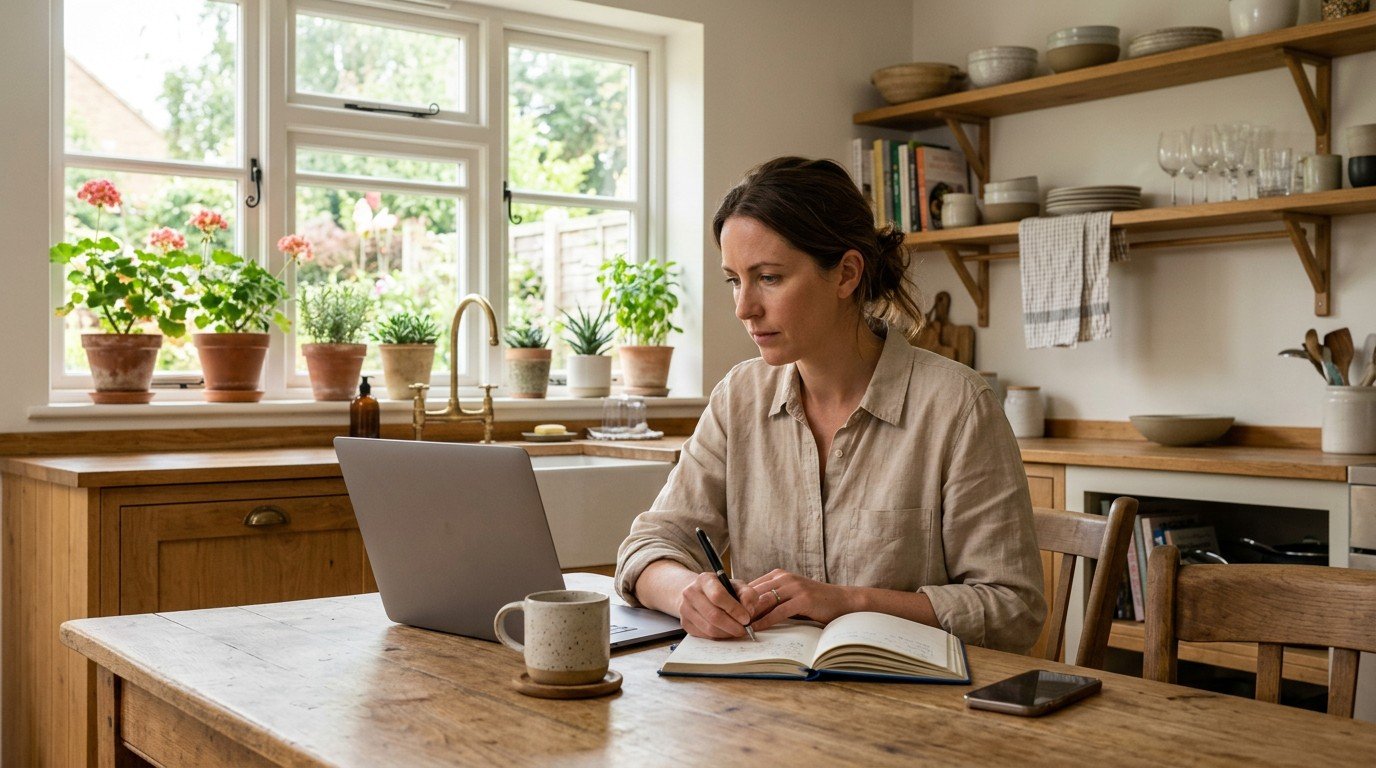 A woman works on her laptop at a kitchen table, researching ai engineering jobs in a sunny room.