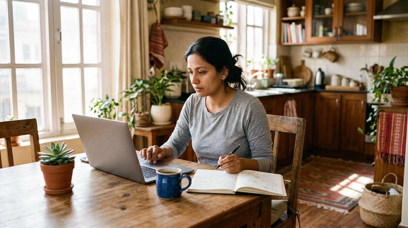 An Indian woman working at her kitchen table, looking for ai automation jobs on her laptop.