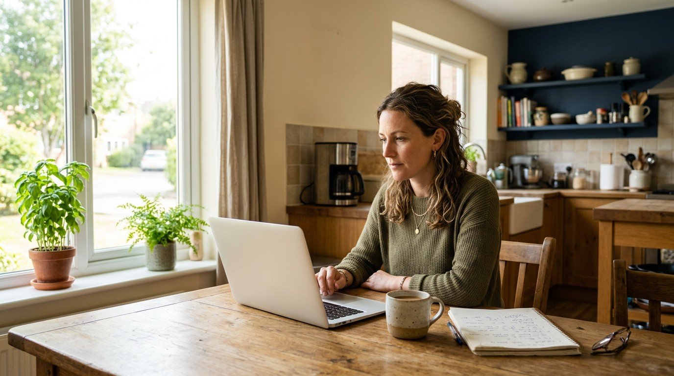 An ordinary woman searching for meta ai jobs on her laptop at a sunlit kitchen table.