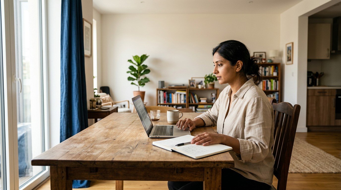 An Indian woman analyzes compliance documents at her kitchen table while searching for AI governance jobs.