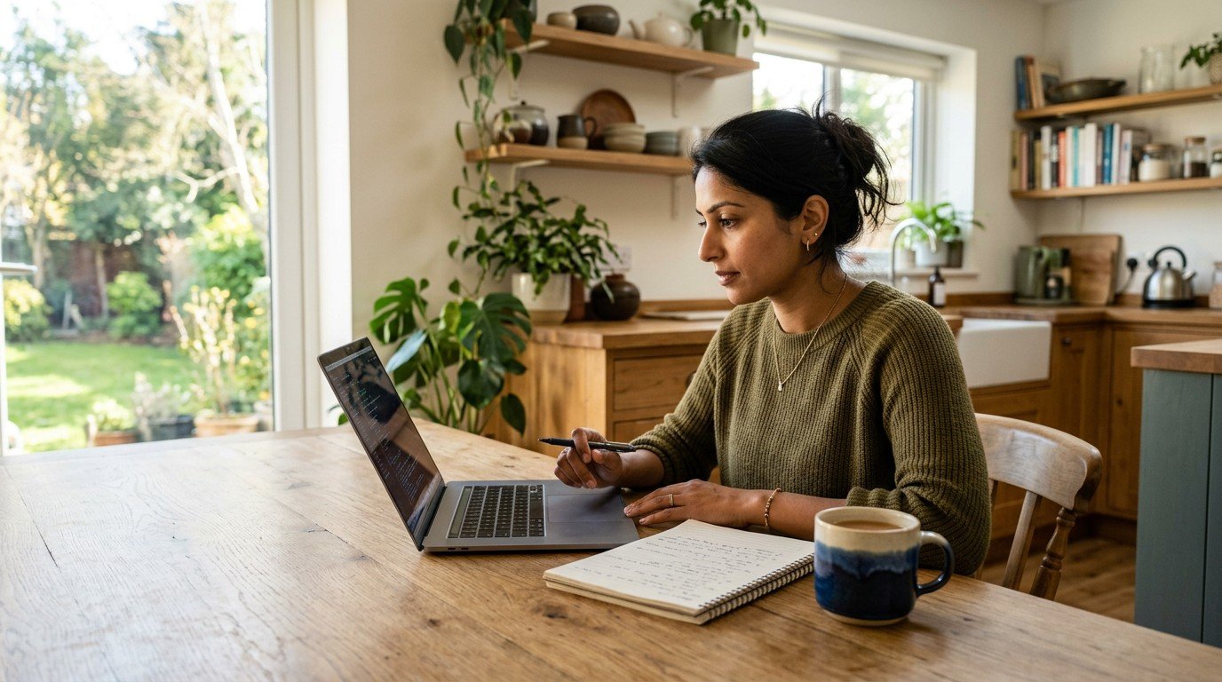 A woman working on her laptop at a kitchen table, exploring various ai testing jobs.