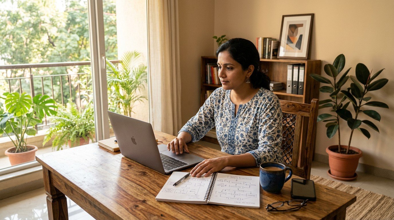 A woman at a dining table reads ai solutions architect listings on her laptop beside a notebook.