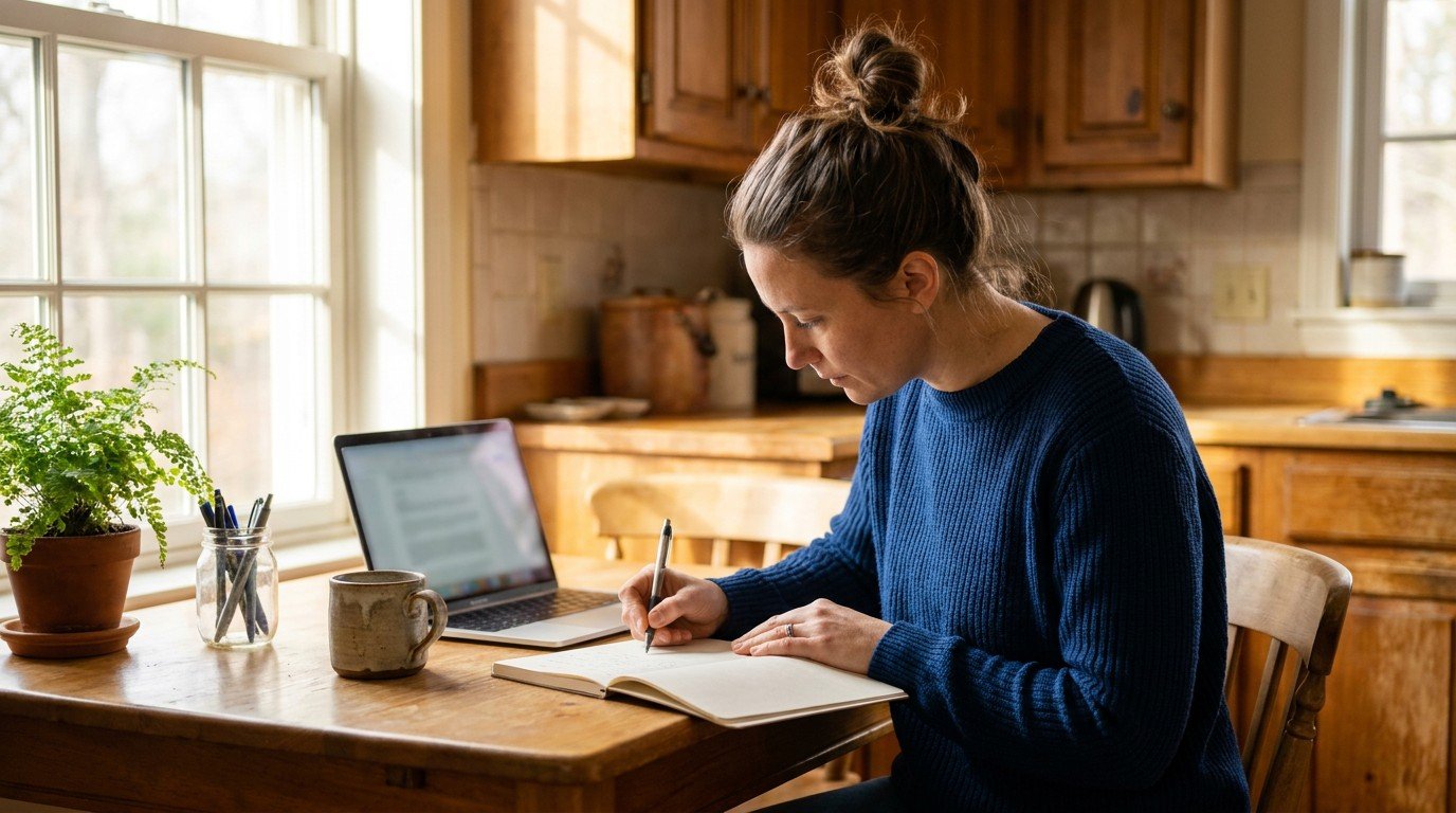 An ordinary woman works on part time ai jobs from her warm kitchen table.