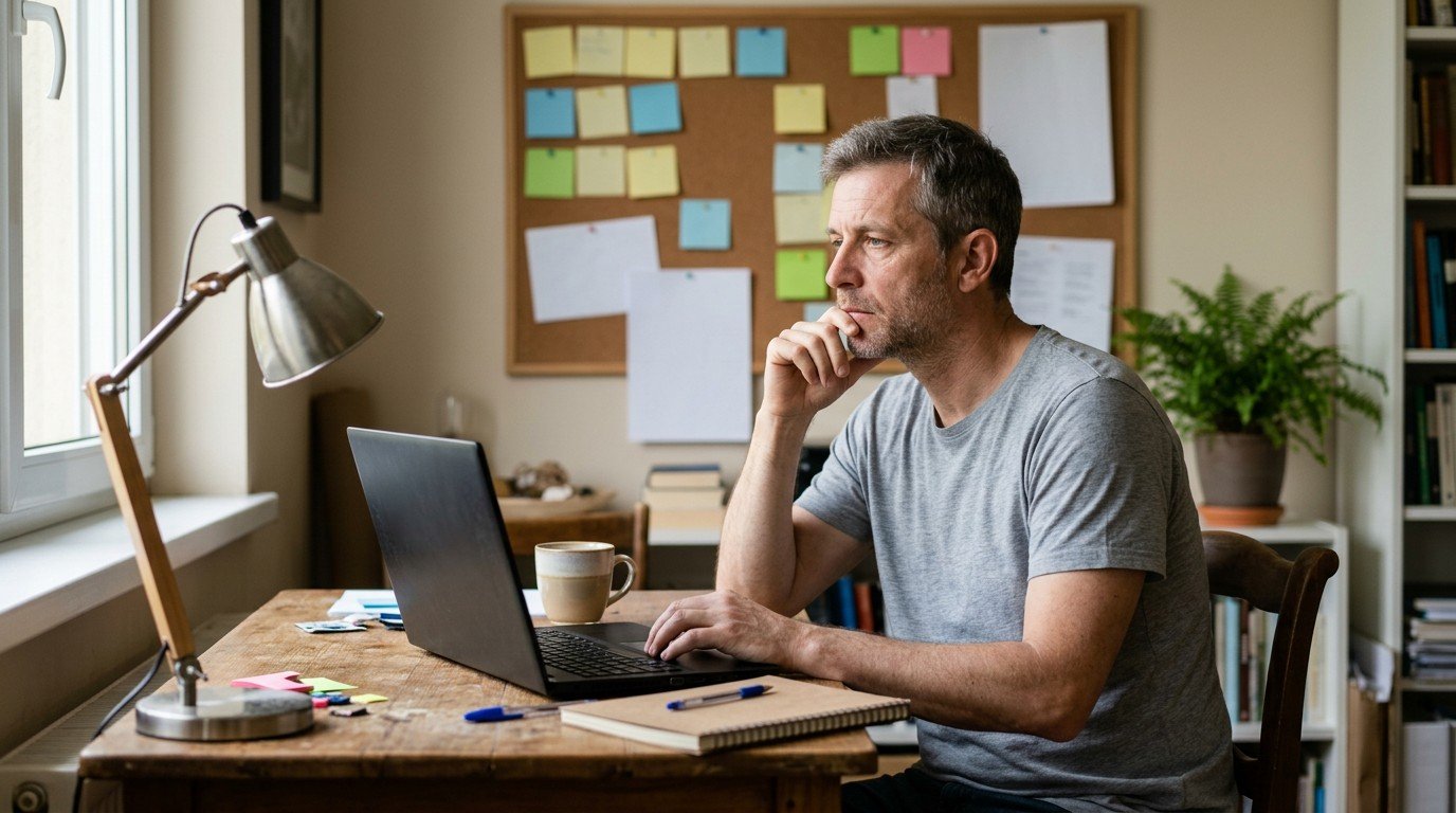 An applicant considers his options for amazon ai jobs while sitting at his home desk.