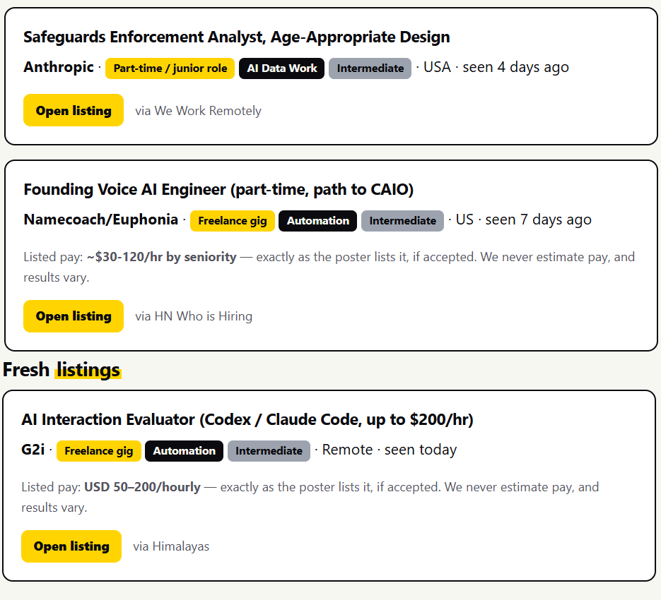 Live getAIwork Work Board showing real AI job and gig listings with sources and listed pay