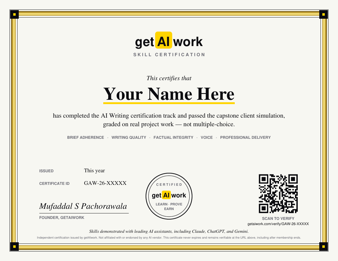 getAIwork skill certificate with gold border, grading criteria, and QR verification code
