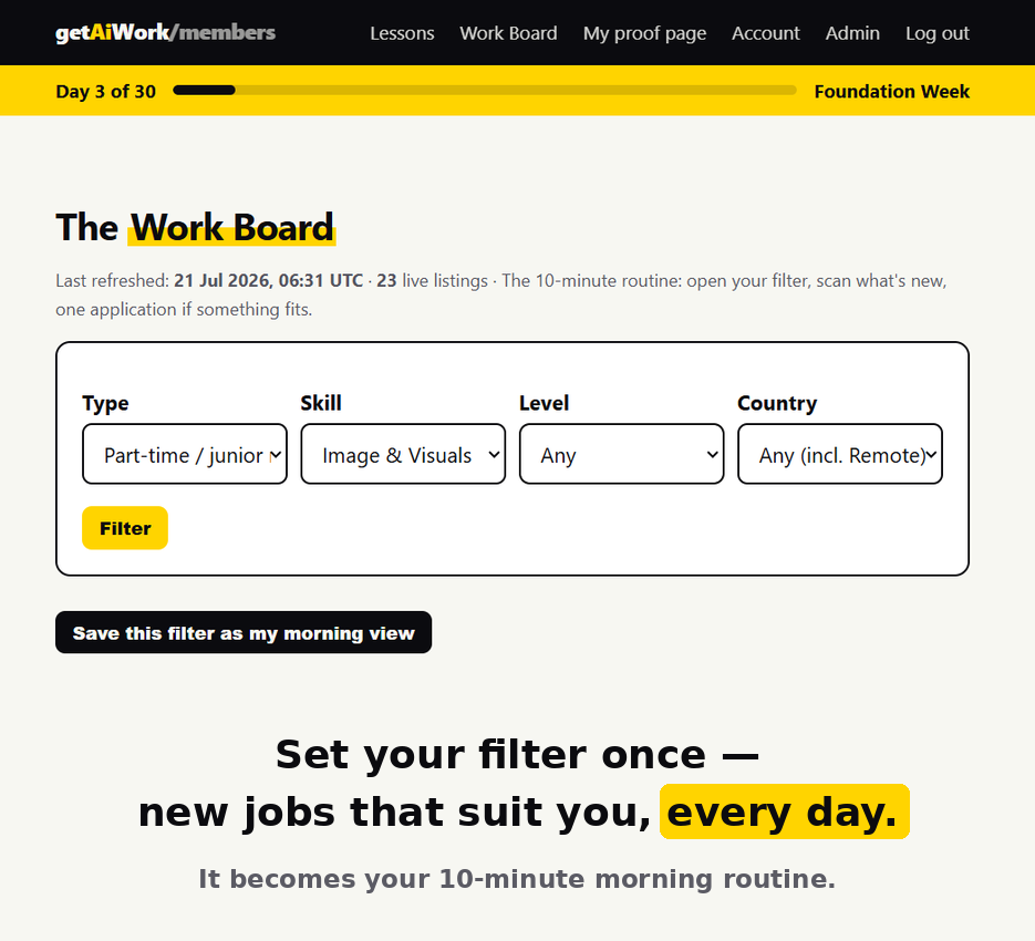 Work Board filters: type, skill, level, country — with saved morning view