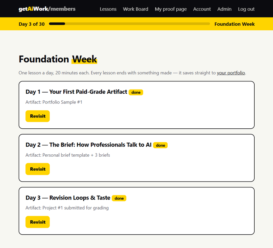 Foundation Week lesson list with completed badges and saved artifacts